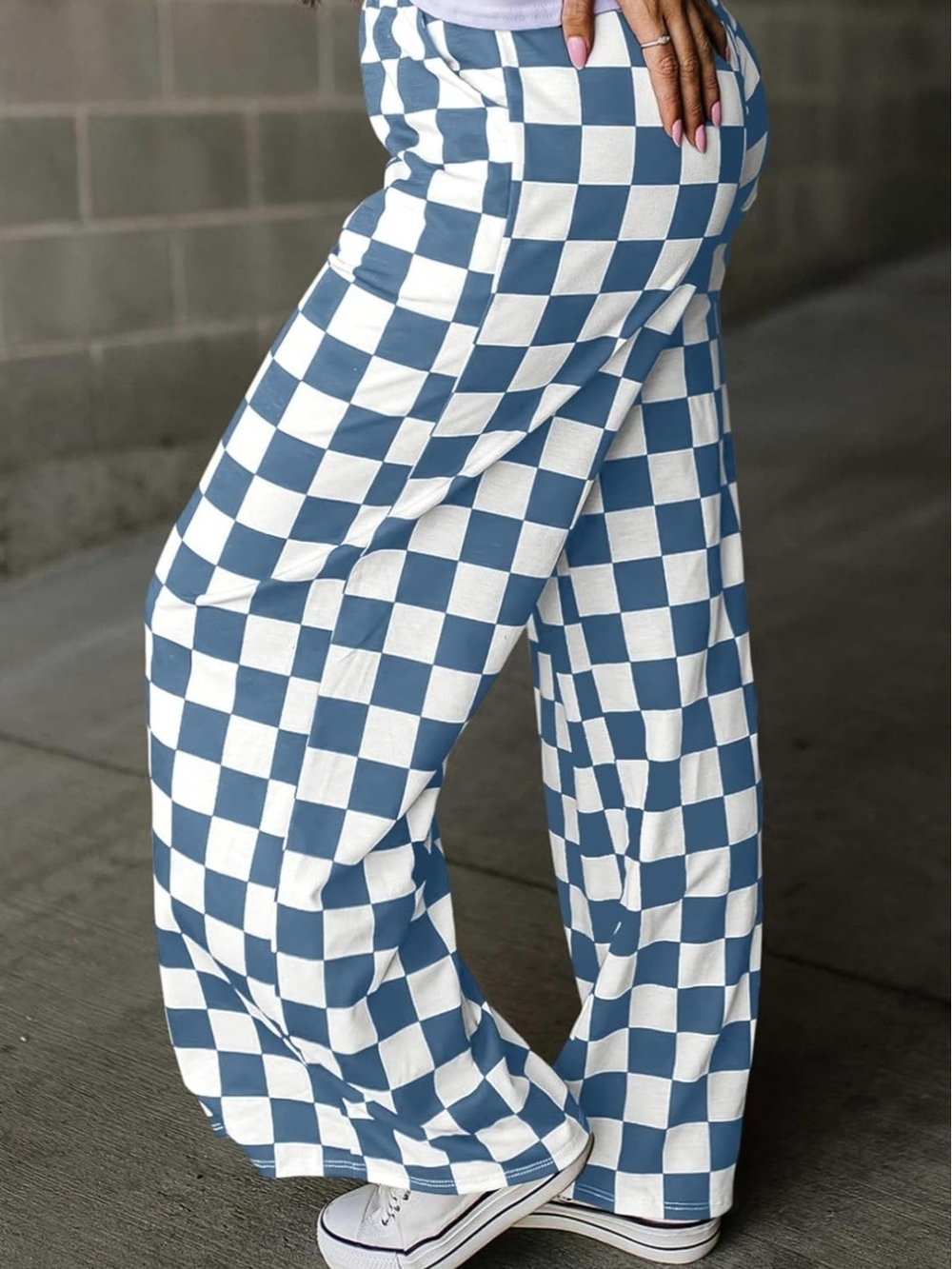 Wide Leg Checkerboard Pants - Blue & White - Picture 2 of 8